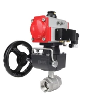 Кран шаровой DN.ru BV3232P(2pc)-FP-T-ISO-H Ду10 Ру63 полнопроходной двухходовой, нержавеющая сталь SS316, внутренняя резьба, PTFE, с пневмоприводом PA-DA-065 двойного действия, с пневмораспределителем 4M310-08 24В, с ручным дублером MON1-250-T26-ISO