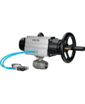 Кран шаровой DN.ru BV3232P(2pc)-FP-T-ISO-H Ду80 Ру40, полнопроходной, внутренняя резьба, нержавеющая сталь SS316, уплотнение - PTFE, с пневмоприводом PA-DA-105-1 двойного действия, с пневмораспределителем 4V320-08 220В