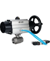 Кран шаровой DN.ru BV3232P(2pc)-FP-T-ISO-H Ду80 Ру40, полнопроходной, внутренняя резьба, нержавеющая сталь SS316, уплотнение - PTFE, с пневмоприводом PA-DA-105-1 двойного действия, с пневмораспределителем 4V320-10 220В