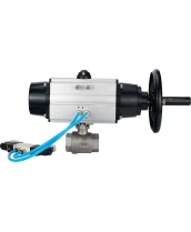 Кран шаровой DN.ru BV3232P(2pc)-FP-T-ISO-H Ду80 Ру40, полнопроходной, внутренняя резьба, нержавеющая сталь SS316, уплотнение - PTFE, с пневмоприводом PA-DA-105-1 двойного действия, с пневмораспределителем 4V320-10 220В