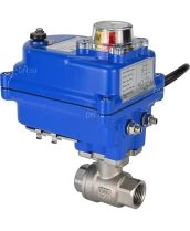 Кран шаровой DN.ru BV3232P(2pc)-FP-T-ISO-H Ду15 Ру63 полнопроходной двухходовой, нержавеющая сталь SS316, внутренняя резьба, уплотнение - PTFE, с электроприводом четвертьоборотным DN.ru QT-N-003EM-O1-12VDC-У1 blue