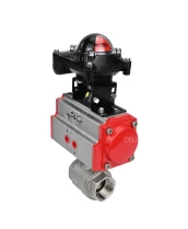 Кран шаровой DN.ru BV3232P(2pc)-FP-T-ISO-H 3/4″ Ду20 Ру63 полнопроходной двухходовой, нержавеющая сталь SS316, внутренняя резьба, уплотнение - PTFE, с пневмоприводом двойного действия DN.ru PA-DA-52 и БКВ APL-210N