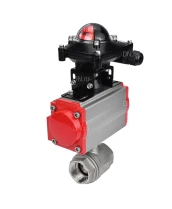 Кран шаровой DN.ru BV3232P(2pc)-FP-T-ISO-H 3/4″ Ду20 Ру63 полнопроходной двухходовой, нержавеющая сталь SS316, внутренняя резьба, уплотнение - PTFE, с пневмоприводом двойного действия DN.ru PA-DA-52 и БКВ APL-210N