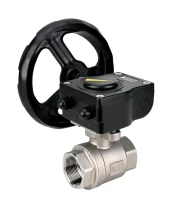 Кран шаровой DN.ru BV3232P(2pc)-FP-T-ISO-H 2″ Ду50 Ру63 полнопроходной двухходовой, нержавеющая сталь SS316, внутренняя резьба, уплотнение - PTFE, с редуктором DN.ru HAM RQN1-180Z-T40