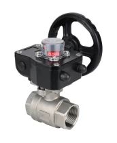 Кран шаровой DN.ru BV3232P(2pc)-FP-T-ISO-H 2″ Ду50 Ру63 полнопроходной двухходовой, нержавеющая сталь SS316, внутренняя резьба, уплотнение - PTFE, с редуктором DN.ru HGB RQN1-180Z