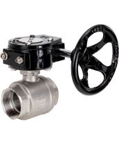 Кран шаровой DN.ru BV3232P(2pc)-FP-T-ISO-H Ду50 Ру63 полнопроходной двухходовой, нержавеющая сталь SS316, внутренняя резьба, уплотнение - PTFE, с редуктором RDN RQN3-150Z-T24