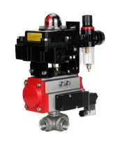 Кран шаровой DN.ru BV3232P(4pc)-SP-3WL-T-ISO-H Ду15 Ру63 стандартнопроходной трехходовой L-тип, нержавеющая сталь SS316, внутренняя резьба, с ISO-фланцем, PTFE, пн.приводом PA-DA-052, пн.распределителем 4M310-08 220 В, БКВ APL-410N EX и БПВ AFC2000