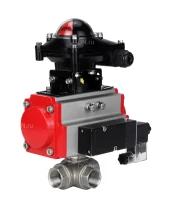 Кран шаровой DN.ru BV3232P(4pc)-SP-3WL-T-ISO-H Ду20 Ру63 стандартнопроходной трехходовой L-тип, нерж. сталь SS316, внутренняя резьба, уплотнение - PTFE, пн.приводом PA-DA-052, пн.распределителем 4M310-08 220В и блоком концевых выключателей APL-210N