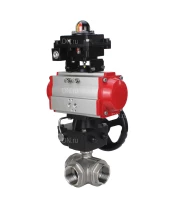 Кран шаровой DN.ru BV3232P(4pc)-SP-3WL-T-ISO-H Ду10 Ру63 стандартнопроходной трехходовой L-тип, нержавеющая сталь SS316, внутренняя резьба, уплотнение - PTFE, с пневмоприводом PA-DA-065, БКВ APL-410N EX и ручным дублером MON1-250-T26-ISO