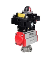 Кран шаровой DN.ru BV3232P(4pc)-SP-3WL-T-ISO-H Ду10 Ру63 стандартнопроходной трехходовой L-тип, нержавеющая сталь SS316, внутренняя резьба, уплотнение - PTFE, с пневмоприводом PA-DA-52 и блоком концевых выключателей APL-410N EX