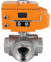 Кран шаровой DN.ru BV3232P(4pc)-SP-3WT-T-ISO-H Ду10 Ру63 стандартнопроходной T-тип, трехходовой, нержавеющая сталь, внутренняя резьба, уплотнение - PTFE, с эл. приводом DN.ru E34-N-005EM-O1-220VAC-У1