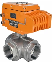 Кран шаровой DN.ru BV3232P(4pc)-SP-3WL-T-ISO-H Ду25 Ру63 стандартнопроходной L-тип, трехходовой, нержавеющая сталь SS316, внутренняя резьба, уплотнение - PTFE, с эл. приводом DN.ru E34-N-005EM-O1-220VAC-У1