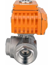 Кран шаровой DN.ru BV3232P(4pc)-SP-3WL-T-ISO-H Ду25 Ру63 стандартнопроходной L-тип, трехходовой, нержавеющая сталь SS316, внутренняя резьба, уплотнение - PTFE, с эл. приводом DN.ru E34-N-005EM-O1-220VAC-У1