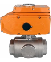 Кран шаровой DN.ru BV3232P(4pc)-SP-3WL-T-ISO-H Ду25 Ру63 стандартнопроходной L-тип, трехходовой, нержавеющая сталь SS316, внутренняя резьба, уплотнение - PTFE, с эл. приводом DN.ru E34-N-005EM-O1-220VAC-У1
