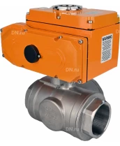 Кран шаровой DN.ru BV3232P(4pc)-SP-3WL-T-ISO-H Ду25 Ру63 стандартнопроходной L-тип, трехходовой, нержавеющая сталь SS316, внутренняя резьба, уплотнение - PTFE, с эл. приводом DN.ru E34-N-005EM-O1-220VAC-У1