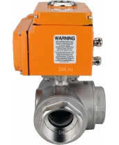 Кран шаровой DN.ru BV3232P(4pc)-SP-3WL-T-ISO-H Ду25 Ру63 стандартнопроходной L-тип, трехходовой, нержавеющая сталь SS316, внутренняя резьба, уплотнение - PTFE, с эл. приводом DN.ru E34-N-005EM-O1-220VAC-У1