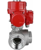 Кран шаровой DN.ru BV3232P(4pc)-SP-3WL-T-ISO-H Ду25 Ру63 стандартнопроходной трехходовой L-тип, нержавеющая сталь SS316, внутренняя резьба, уплотнение - PTFE, с 1/4-оборотным электроприводом DN.ru QT-EX-005M-O2-220VAC-У1