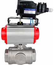 Кран шаровой DN.ru BV3232P(4pc)-SP-3WL-T-ISO-H Ду10 Ру63 стандартнопроходной, внутренняя резьба, нержавеющая сталь SS316, L-типа, c пн.приводом DN.ru PA-DA-052 двойного действия и электропневматическим позиционером DN.ru YT-1000RSN с обратной связью