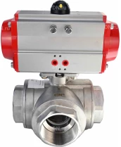 Кран шаровой DN.ru BV3232P(4pc)-SP-3WL-T-ISO-H Ду40 Ру63 стандартнопроходной L-тип, трехходовой, нержавеющая сталь SS316, внутренняя резьба, уплотнение - PTFE, с пневмоприводом DN.ru PA-DA-65 двойного действия