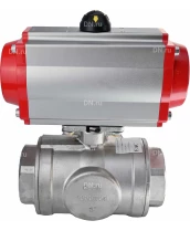 Кран шаровой DN.ru BV3232P(4pc)-SP-3WL-T-ISO-H Ду65 Ру40 стандартнопроходной L-тип, трехходовой, нержавеющая сталь SS316, внутренняя резьба, уплотнение - PTFE, с пневмоприводом DN.ru PA-DA-83 двойного действия