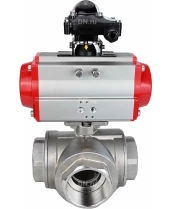 Кран шаровой DN.ru BV3232P(4pc)-SP-3WL-T-ISO-H Ду10 Ру63 стандартнопроходной трехходовой L-тип, нерж. сталь SS316, внутренняя резьба, уплотнение - PTFE, с пневмоприводом PA-DA-52 и блоком концевых выключателей APL-210N