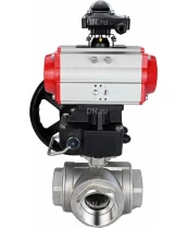 Кран шаровой DN.ru BV3232P(4pc)-SP-3WL-T-ISO-H Ду10 Ру63 стандартнопроходной трехходовой L-тип, нерж. сталь SS316, внутренняя резьба, уплотнение - PTFE, с пневмоприводом PA-DA-065, БКВ APL-210N и ручным дублером MON1-250-T26-ISO