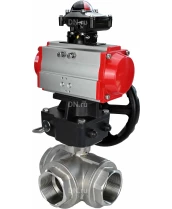 Кран шаровой DN.ru BV3232P(4pc)-SP-3WL-T-ISO-H Ду20 Ру63 стандартнопроходной трехходовой L-тип, нерж. сталь SS316, внутренняя резьба, уплотнение - PTFE, с пневмоприводом PA-DA-065, БКВ APL-210N и ручным дублером MON1-250-T26-ISO