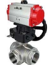 Кран шаровой DN.ru BV3232P(4pc)-SP-3WL-T-ISO-H Ду20 Ру63 стандартнопроходной трехходовой L-тип, нерж. сталь SS316, внутренняя резьба, уплотнение - PTFE, с пневмоприводом PA-DA-065 и ручным дублером MON1-250-T26-ISO