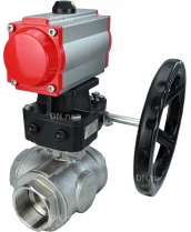 Кран шаровой DN.ru BV3232P(4pc)-SP-3WL-T-ISO-H Ду20 Ру63 стандартнопроходной трехходовой L-тип, нерж. сталь SS316, внутренняя резьба, уплотнение - PTFE, с пневмоприводом PA-DA-065 и ручным дублером MON1-250-T26-ISO