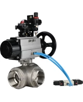 Кран шаровой DN.ru BV3232P(4pc)-SP-3WL-T-ISO-H Ду80 Ру40, стандартнопроходной, четырехсоставной, нержавеющая сталь 316, уплотнение - PTFE, внутренняя резьба, с пневмоприводом PA-DA-105-1, пневмораспределителем 4V320-08 220В, БКВ APL-210N, БПВ AFC2000