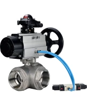 Кран шаровой DN.ru BV3232P(4pc)-SP-3WL-T-ISO-H Ду80 Ру40, стандартнопроходной, четырехсоставной, корпус - нержавеющая сталь 316, уплотнение - PTFE, внутренняя резьба, с пневмоприводом PA-DA-105-1, пневмораспределителем 4V320-08 220В, БКВ APL-210N