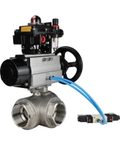 Кран шаровой DN.ru BV3232P(4pc)-SP-3WL-T-ISO-H Ду80 Ру40, стандартнопроходной, четырехсоставной, нержавеющая сталь 316, уплотнение - PTFE, внутренняя резьба, с пневмоприводом PA-DA-105-1, пневмораспределителем 4V320-08 220В, БКВ APL-410N Ex, БПВ AFC2000