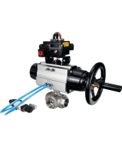 Кран шаровой DN.ru BV3232P(4pc)-SP-3WL-T-ISO-H Ду80 Ру40, стандартнопроходной, четырехсоставной, корпус - нержавеющая сталь 316, уплотнение - PTFE, внутренняя резьба, с пневмоприводом PA-DA-105-1, пневмораспределителем 4V320-08 220В, БКВ APL-410N Ex