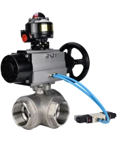 Кран шаровой DN.ru BV3232P(4pc)-SP-3WL-T-ISO-H Ду80 Ру40, стандартнопроходной, четырехсоставной, корпус - нержавеющая сталь 316, уплотнение - PTFE, внутренняя резьба, с пневмоприводом PA-DA-105-1, пневмораспределителем 4V320-08 220В, БКВ APL-510N Ex