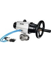 Кран шаровой DN.ru BV3232P(4pc)-SP-3WL-T-ISO-H Ду80 Ру40, стандартнопроходной, четырехсоставной, корпус - нержавеющая сталь 316, уплотнение - PTFE, внутренняя резьба, с пневмоприводом PA-DA-105-1 двойного действия, пневмораспределителем 4V320-08 220В