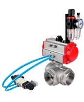 Кран шаровой DN.ru BV3232P(4pc)-SP-3WL-T-ISO-H Ду15 Ру63, стандартнопроходной, четырехсоставной, корпус - нержавеющая сталь 316, уплотнение - PTFE, внутренняя резьба, с пневмоприводом PA-DA-052, пневмораспределителем 4V320-08 220В, БПВ AFC2000