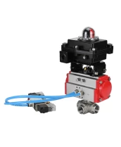 Кран шаровой DN.ru BV3232P(4pc)-SP-3WL-T-ISO-H Ду15 Ру63, стандартнопроходной, четырехсоставной, корпус - нержавеющая сталь 316, уплотнение - PTFE, внутренняя резьба, с пневмоприводом PA-DA-052, пневмораспределителем 4V320-08 220В, БКВ APL-410N Ex