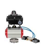 Кран шаровой DN.ru BV3232P(4pc)-SP-3WL-T-ISO-H Ду65 Ру40, стандартнопроходной, четырехсоставной, корпус - нержавеющая сталь 316, уплотнение - PTFE, внутренняя резьба, с пневмоприводом PA-SA-105, пневмораспределителем 4V320-08 220В, БКВ APL-410N Ex