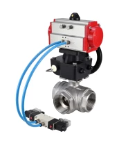 Кран шаровой DN.ru BV3232P(4pc)-SP-3WL-T-ISO-H Ду15 Ру63, стандартнопроходной, четырехсоставной, нержавеющая сталь 316, уплотнение - PTFE, внутренняя резьба, с пневмоприводом PA-DA-052, пневмораспределителем 4V320-08 220В, ручным дублером MON1-250-T26-ISO