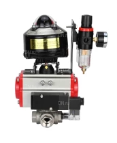 Кран шаровой DN.ru BV3232P(4pc)-SP-3WL-T-ISO-H 2 1/2″ Ду65 Ру40 стандартнопроходной трехходовой L-тип, нержавеющая сталь SS316, внутренняя резьба, уплотнение - PTFE, с пн.приводом DN.ru PA-SA-105 пн.распределителем 4M310-08 24В БПВ AFC2000 БКВ APL-510N-EX