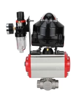 Кран шаровой DN.ru BV3232P(4pc)-SP-3WL-T-ISO-H 2 1/2″ Ду65 Ру40 стандартнопроходной трехходовой L-тип, нержавеющая сталь SS316, внутренняя резьба, уплотнение - PTFE, с пн.приводом DN.ru PA-SA-105 пн.распределителем 4M310-08 24В БПВ AFC2000 БКВ APL-510N-EX