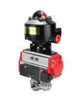 Кран шаровой DN.ru BV3232P(4pc)-SP-3WL-T-ISO-H 3/8″ Ду10 Ру63 стандартнопроходной трехходовой L-тип, нержавеющая сталь SS316, внутренняя резьба, уплотнение - PTFE, с пн.приводом DN.ru PA-DA-052 пн.распределителем 4M310-08 220В и БКВ APL-510N-EX