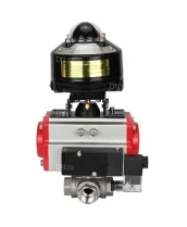 Кран шаровой DN.ru BV3232P(4pc)-SP-3WL-T-ISO-H 3/4″ Ду20 Ру63 стандартнопроходной трехходовой L-тип, нержавеющая сталь SS316, внутренняя резьба, уплотнение - PTFE, с пн.приводом DN.ru PA-DA-052 пн.распределителем 4M310-08 220В и БКВ APL-510N-EX