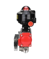 Кран шаровой DN.ru BV3232P(4pc)-SP-3WL-T-ISO-H 3/4″ Ду20 Ру63 стандартнопроходной трехходовой L-тип, нержавеющая сталь SS316, внутренняя резьба, уплотнение - PTFE, с пн.приводом DN.ru PA-DA-052 пн.распределителем 4M310-08 220В и БКВ APL-510N-EX