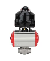 Кран шаровой DN.ru BV3232P(4pc)-SP-3WL-T-ISO-H 3/4″ Ду20 Ру63 стандартнопроходной трехходовой L-тип, нержавеющая сталь SS316, внутренняя резьба, уплотнение - PTFE, с пн.приводом DN.ru PA-DA-052 пн.распределителем 4M310-08 220В и БКВ APL-510N-EX