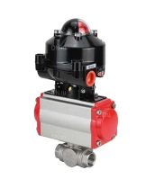 Кран шаровой DN.ru BV3232P(4pc)-SP-3WL-T-ISO-H 3/4″ Ду20 Ру63 стандартнопроходной трехходовой L-тип, нержавеющая сталь SS316, внутренняя резьба, уплотнение - PTFE, с пн.приводом DN.ru PA-DA-052 пн.распределителем 4M310-08 220В и БКВ APL-510N-EX