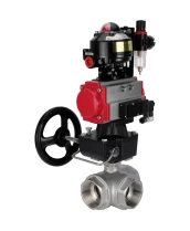 Кран шаровой DN.ru BV3232P(4pc)-SP-3WL-T-ISO-H 3/8″ Ду10 Ру63 стандартнопроходной 3-ходовой L-тип, нерж. сталь SS316, внутренняя резьба, PTFE, с пн.приводом PA-DA-052, пн.распределит 4M310-08 220В, редуктором MON1-250-T26-ISO, БПВ AFC2000, БКВ APL-510N-EX