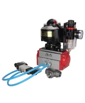 Кран шаровой DN.ru BV3232P(4pc)-SP-3WL-T-ISO-H 3/8″ Ду10 Ру63 стандартнопроходной трехходовой L-тип, нержавеющая сталь SS316, внутренняя резьба, уплотнение - PTFE, с пн.приводом DN.ru PA-DA-052 пн.распределителем 4V320-08 БПВ AFC2000 БКВ APL-510N-EX