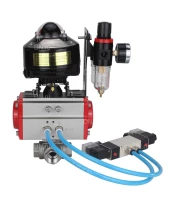 Кран шаровой DN.ru BV3232P(4pc)-SP-3WL-T-ISO-H 3/4″ Ду20 Ру63 стандартнопроходной трехходовой L-тип, нержавеющая сталь SS316, внутренняя резьба, уплотнение - PTFE, с пн.приводом DN.ru PA-DA-052 пн.распределителем 4V320-10 БПВ AFC2000 БКВ APL-510N-EX