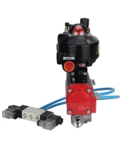 Кран шаровой DN.ru BV3232P(4pc)-SP-3WL-T-ISO-H 3/4″ Ду20 Ру63 стандартнопроходной трехходовой L-тип, нержавеющая сталь SS316, внутренняя резьба, уплотнение - PTFE, с пн.приводом DN.ru PA-DA-052 пн.распределителем 4V320-10 БПВ AFC2000 БКВ APL-510N-EX
